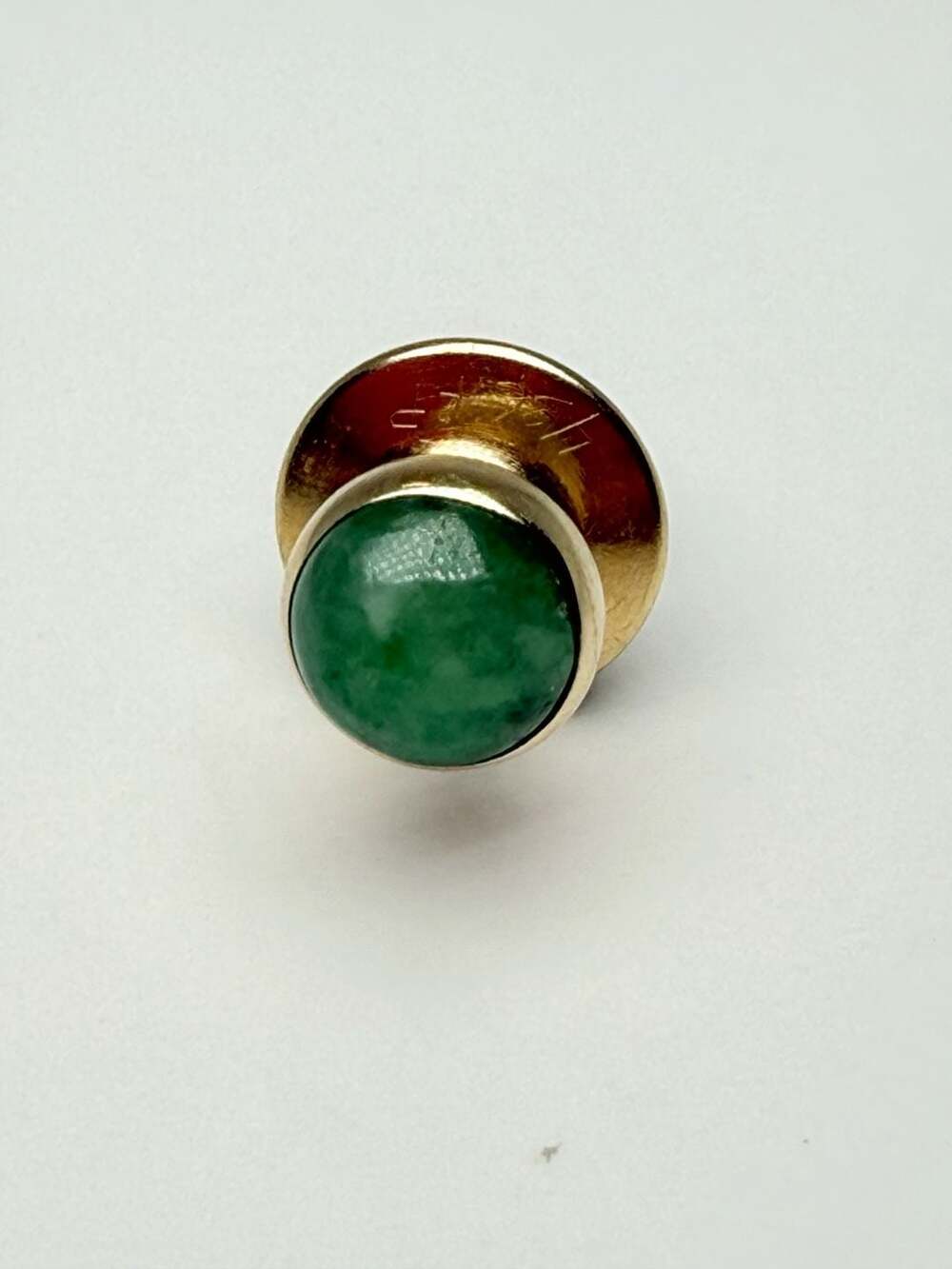 14K Yellow Gold Jade Tie Tack Pin Green Cabochon